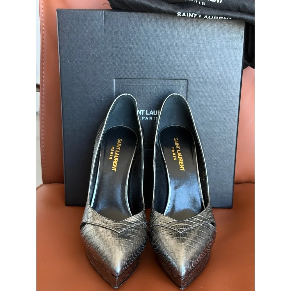 Saint Laurent Tejus Croc Embossed Platform Pumps Graphite EU 38.5
